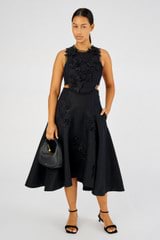 Profile view of model wearing the Oroton Lace Flower Midi Dress in Black and 100% Linen for Women